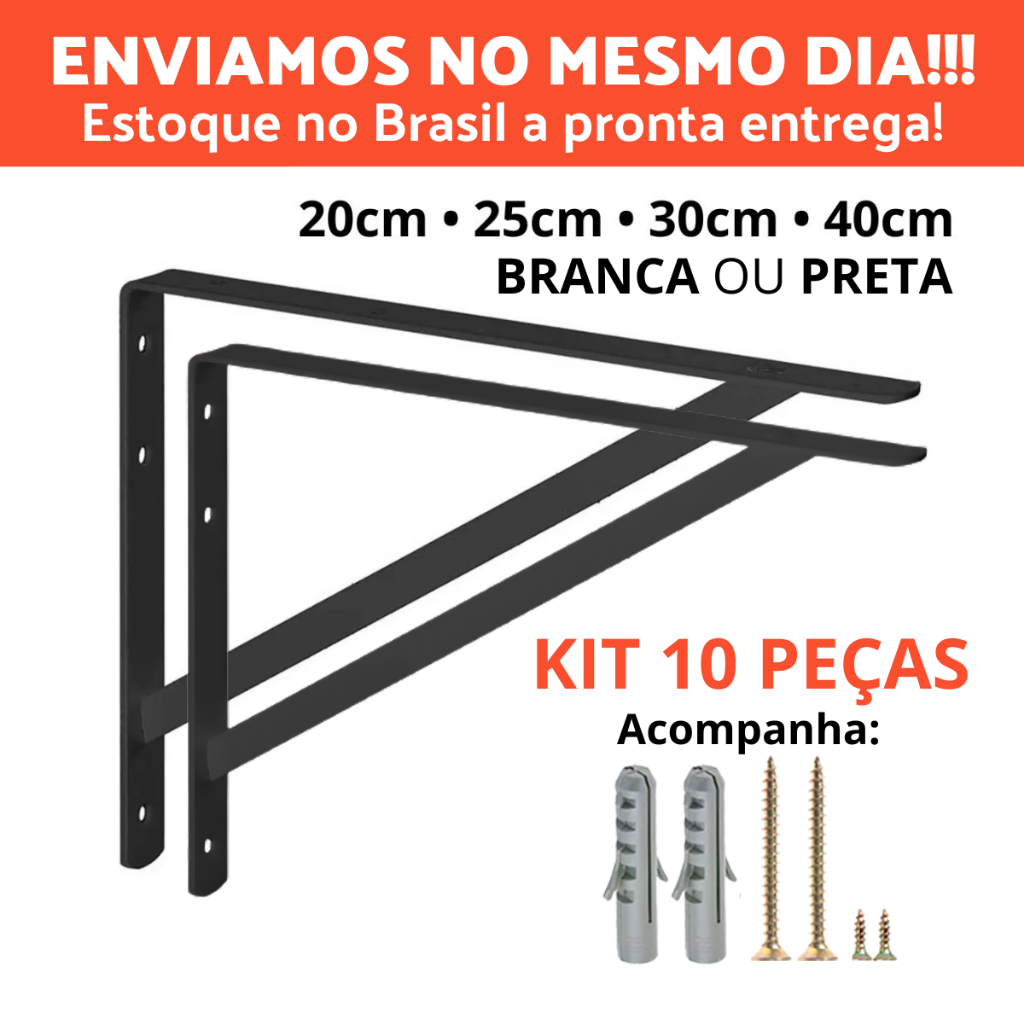 Kit Mãos Francesas 20cm 25cm 30cm 40cm Suporte De Prateleira Tampo De Mesa E Bancada + Kit de Parafusos
