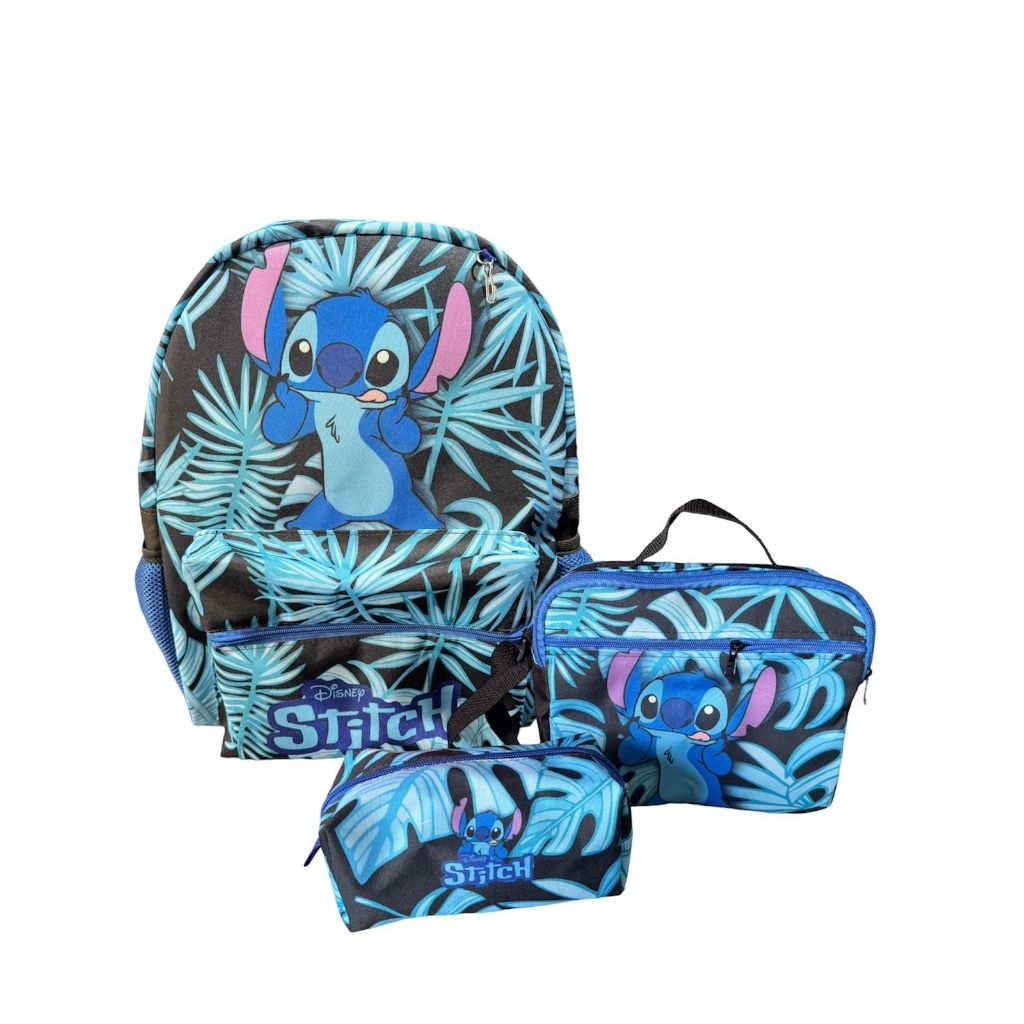 Kit Mochila Lilo Stitch Azul Costa Escolar Juvenil Tamanho Grande