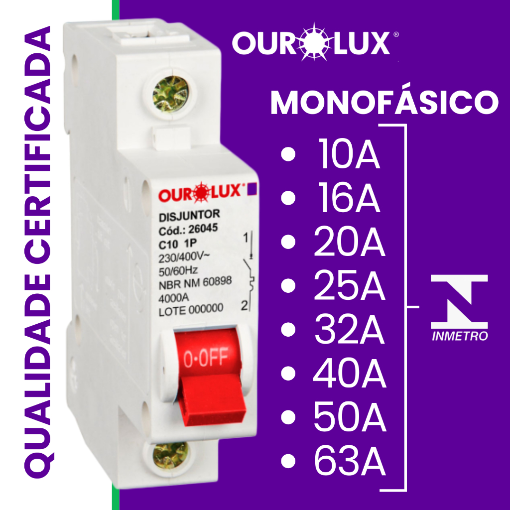 Disjuntor Unipolar Monopolar DIN Ourolux Inmetro 10A a 63A Curva C Residencial
