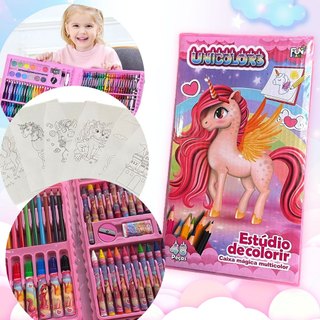 Maleta Escolar Pintura Infantil 48 Peças Estojo Canetinha Unicórnio Rosa