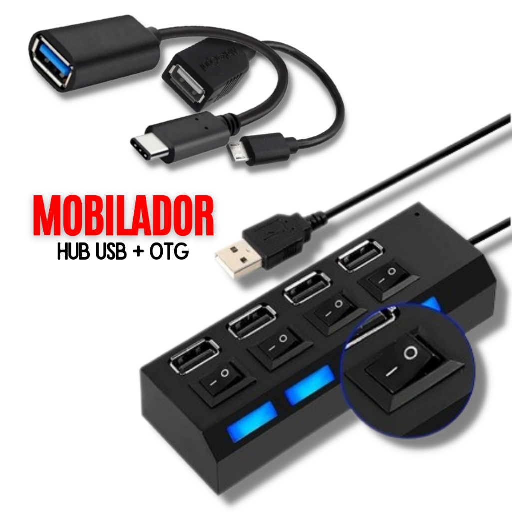 Cabo Hub Usb 4 Portas Botão Liga e Desliga Indicador + Cabo Otg Adaptador Tipo c ou Micro Usb V8