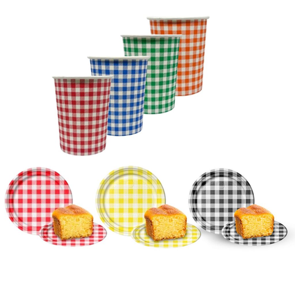 Kit 16 Copos Xadrez Papel 200ml + 20 Pratos Descartável Xadrez 15cm Copo Prato Festa Junina Prato Xadrez São João