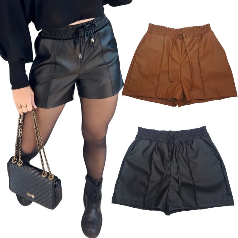Shorts Feminino De Couro Fake Tecido Cirre Short Preto Com Cordão e Elástico Na Cintura  P ao GG