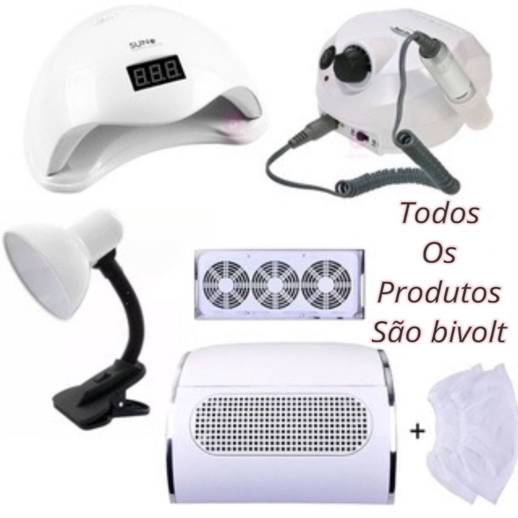 Kit Cabine Sun 5 Estufa Unhas Gel 24 Leds Bivolt + Lixadeira Motor Porquinho Lixa Unha Controlador Pedal + Coletor Sugador de Pó com 3 Motores  + Luminaria com Presilha para Mesa Manicure