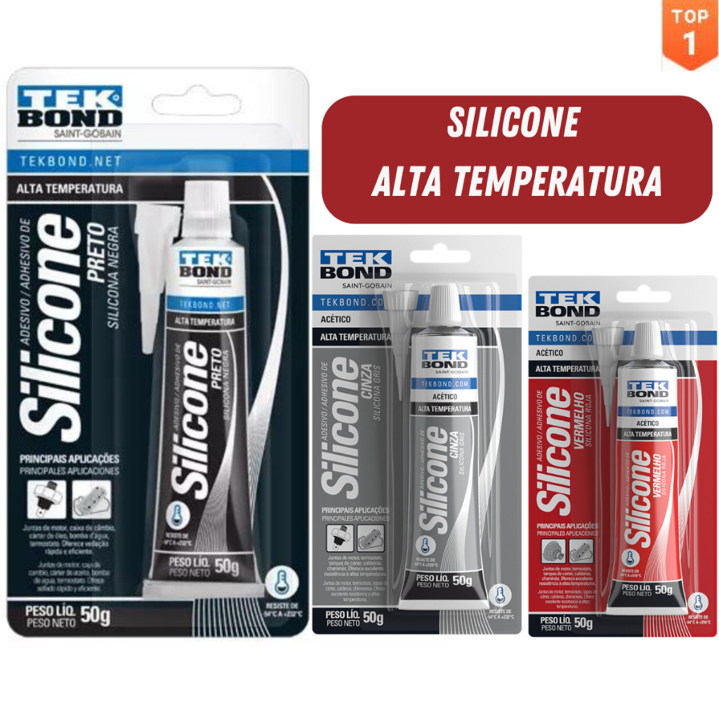 Cola Silicone Preto/Cinza/Verm  Alta Temperatura Automotivo Tekbond 50g Antifungo Resistente à Óleo