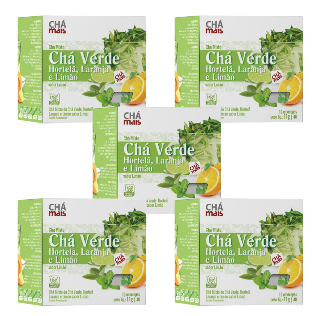 NutriFaz - Kit 5 Chá Misto de Chá Verde, Hortelã, Laranja e Limão - 10 Sachês - Chá Mais