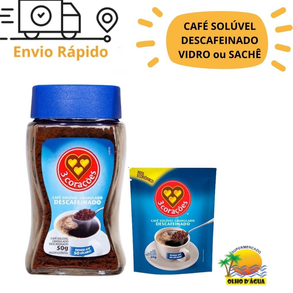 Café Soluvel Descafeinado 3 CORAÇÕES VIDRO ou SACHÊ 50g - escolha o seu