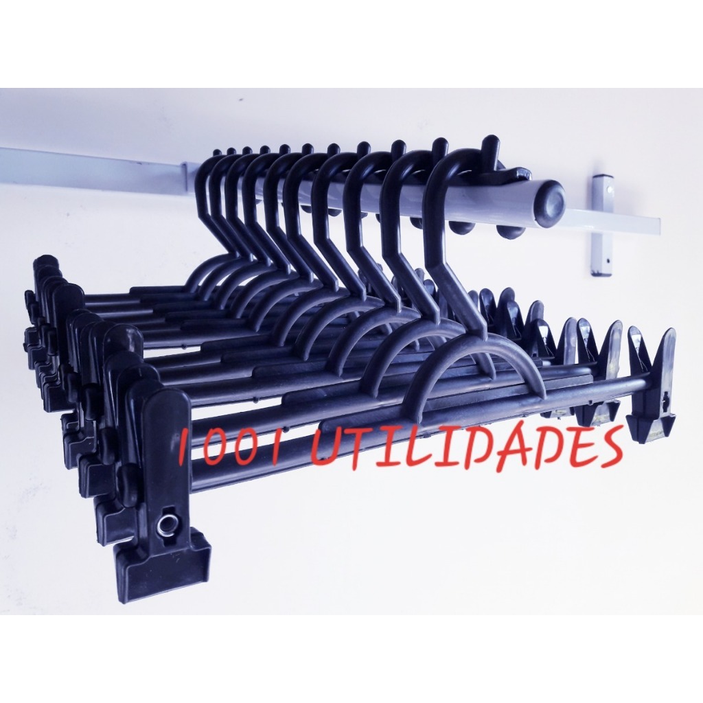 Kit 10 15 Cabides Preto Branco Plástico Calça Bermuda Saia Shorts C/ Presilhas em Oferta na Shopee