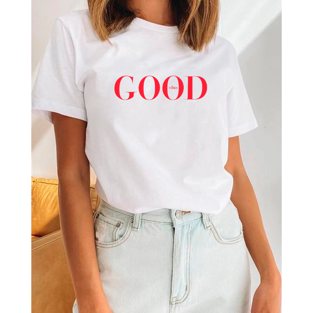 Blusa básica t-shirt básica tecido premium plus size peg gg g1 e g2 com estampa minimalista escrita frase good