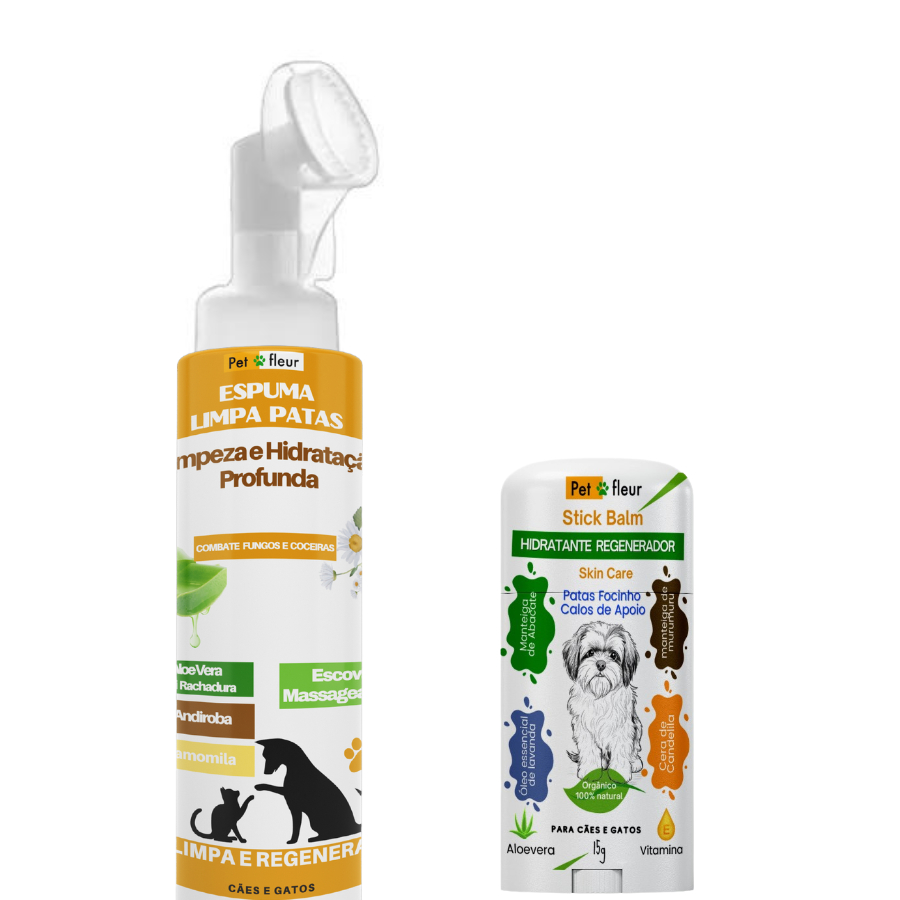 Kit Espuma Limpa Patas antifúngica  Escova massageadora Óleo de Andiroba Vitamina E + Stick Balm Anti ressecamento