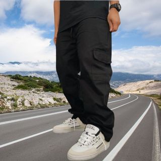 Calças Cargo masculino Roupas Masculinas elegante 6 Bolsos skate Larga Fechamento Cordão