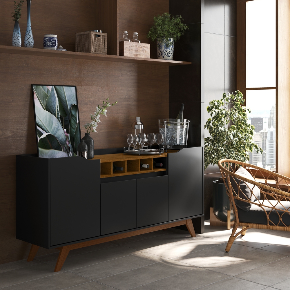 Buffet Aparador 4 Portas Com Adega Pés Em Madeira Maciça Luxo 152cm em Oferta na Shopee