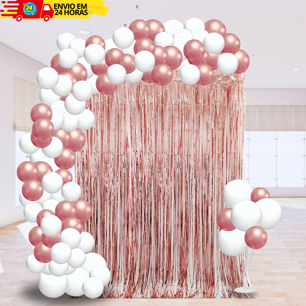 Kit 100 Balão Latex e Cromado Branco e Rose + Cortina Franja Metalizada Decoração Aniversário Festas