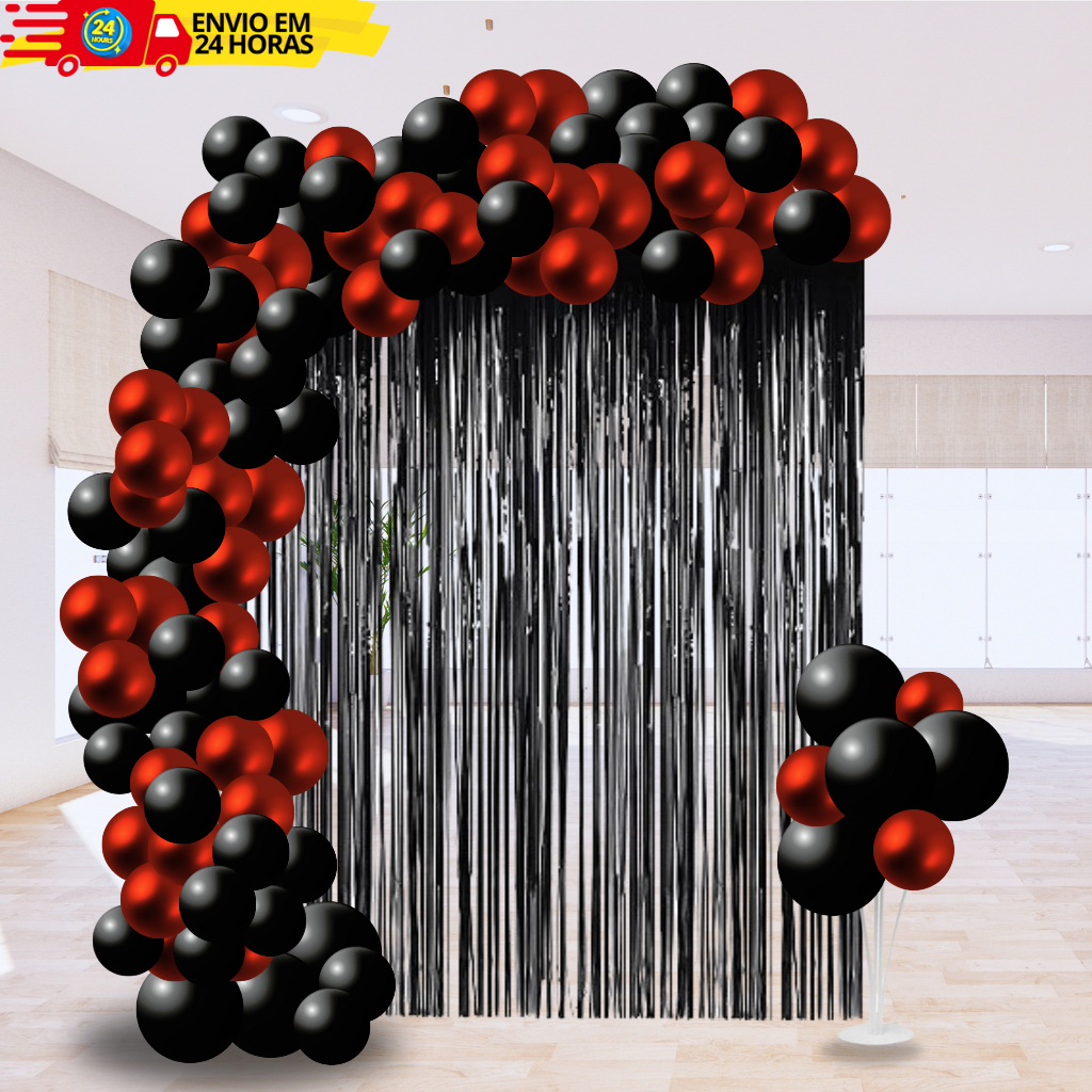 Kit 100 Balão Latex e Cromado Preto Vermelho Cromado + Cortina Metalizada Decoração Aniversário em Oferta na Shopee