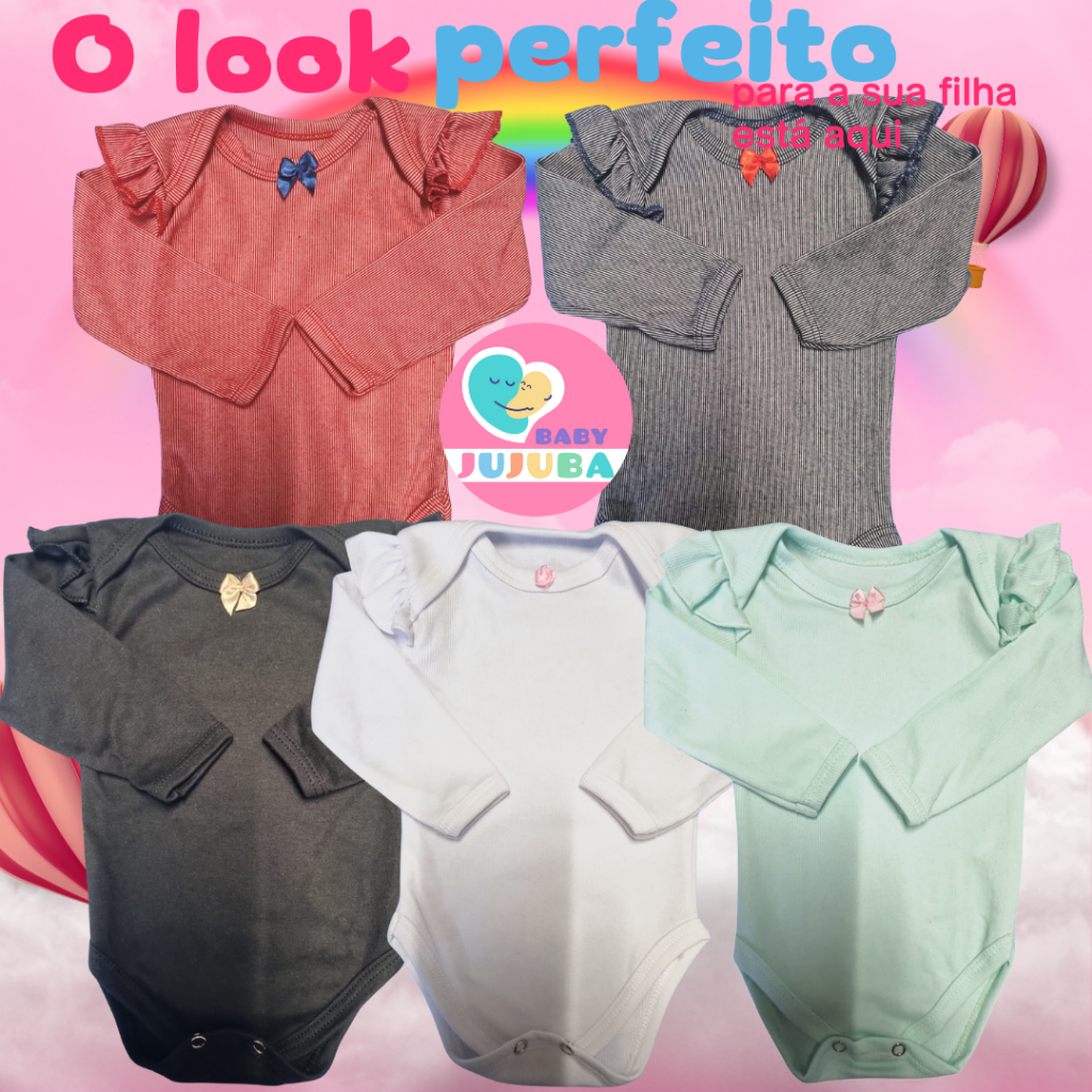 5 Peças KIT Body Bebê Menina MANGA LONGA 100% Algodão