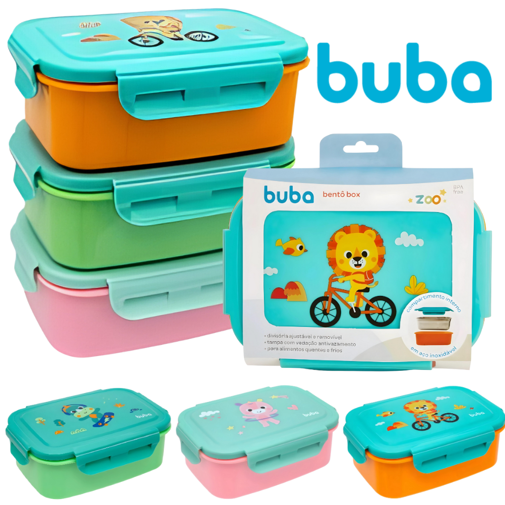 Bentô Box Buba Lancheira Infantil Com Divisórias Inox Com Tampa Anti Vazamentos 600ML Buba Zoo em Oferta na Shopee