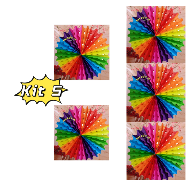 Kit 5 Enfeite de Papel Diâmetro Leque colorido 30cm