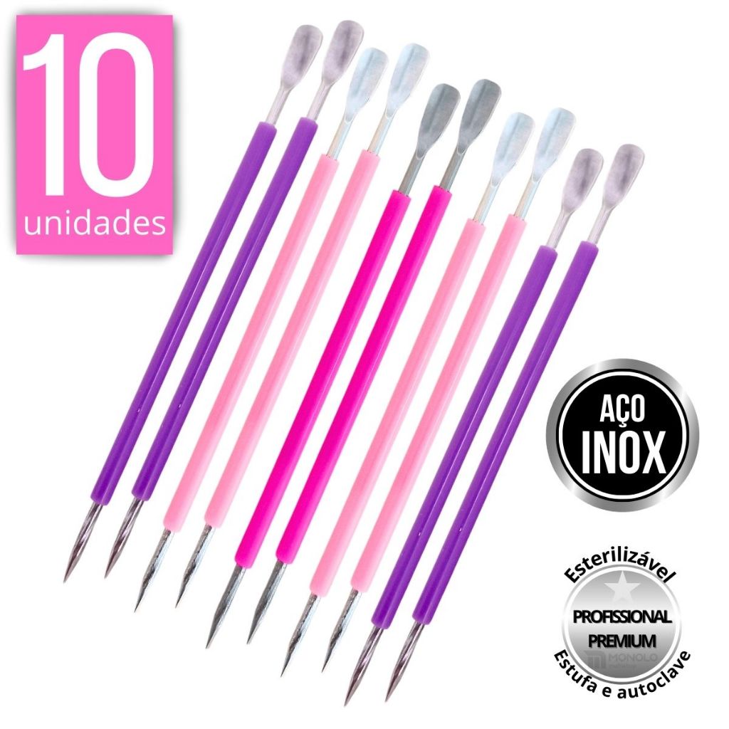 Kit 10 Espátula c/ Palito Bastão Mista Silicone Cutelaria Empurrador Curvo Unha Aço Inox Monolo em Oferta na Shopee