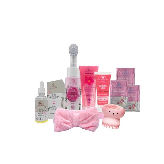 Kit Skin Care Rosa Mosqueta com Faixa e Esponja Polvo em Oferta na Shopee