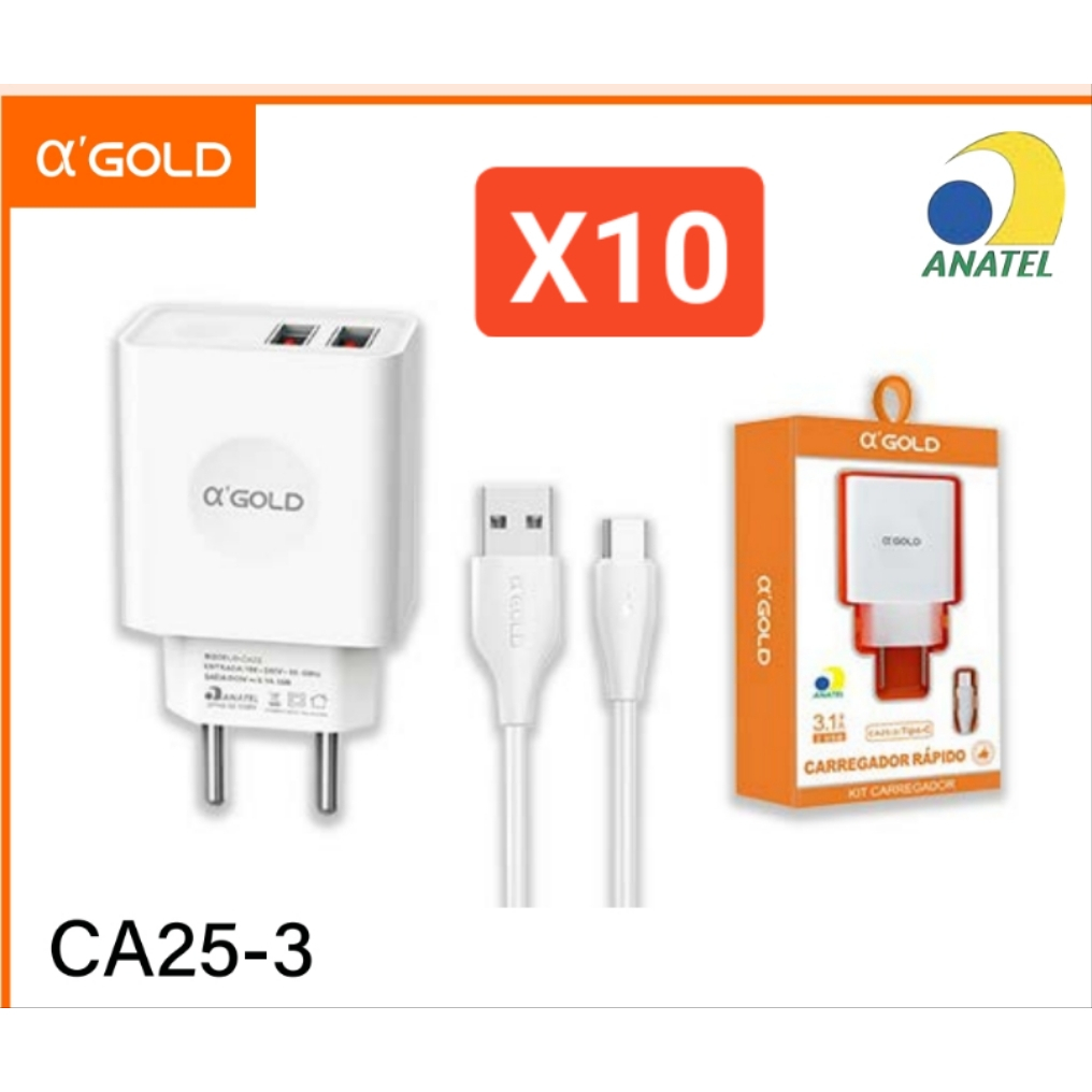 kit 10 6 Carregador Rápido Ca-25-3/tipo-c - A'gold - Android - 2usb