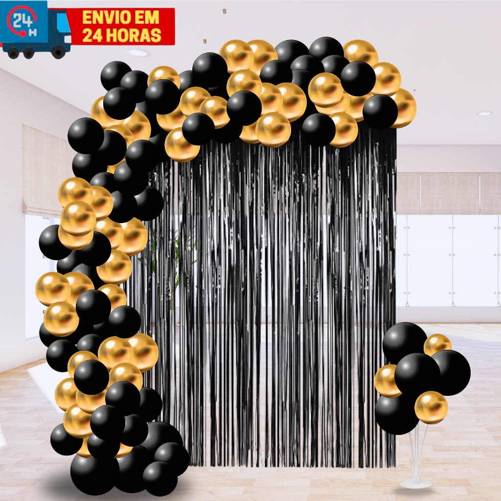 Kit 100 Balão Latex e Cromado Preto Dourado + Cortina Franja Metalizada Decoração Aniversário Festas