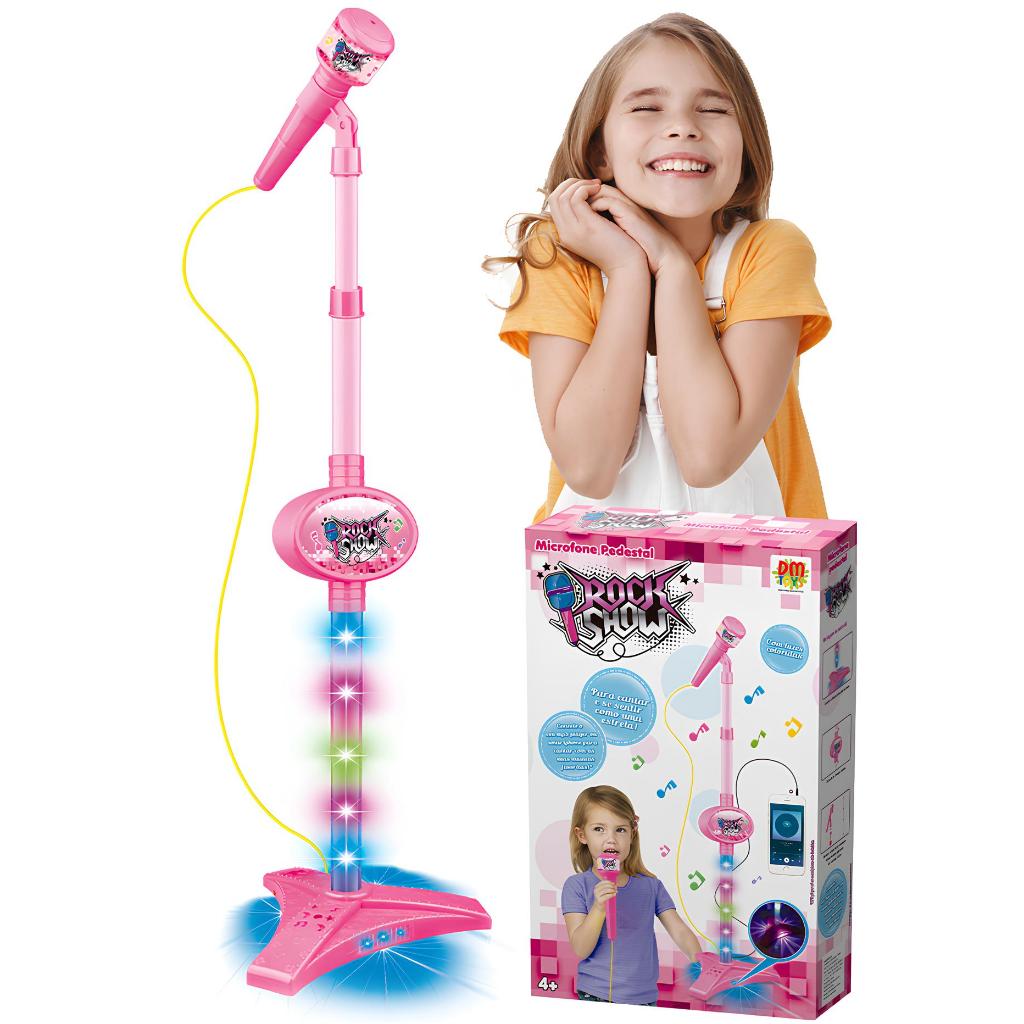 Microfone Infantil Karaokê com Pedestal Bluetooth Som LED Brinquedo Menina Menino Conecta Celular