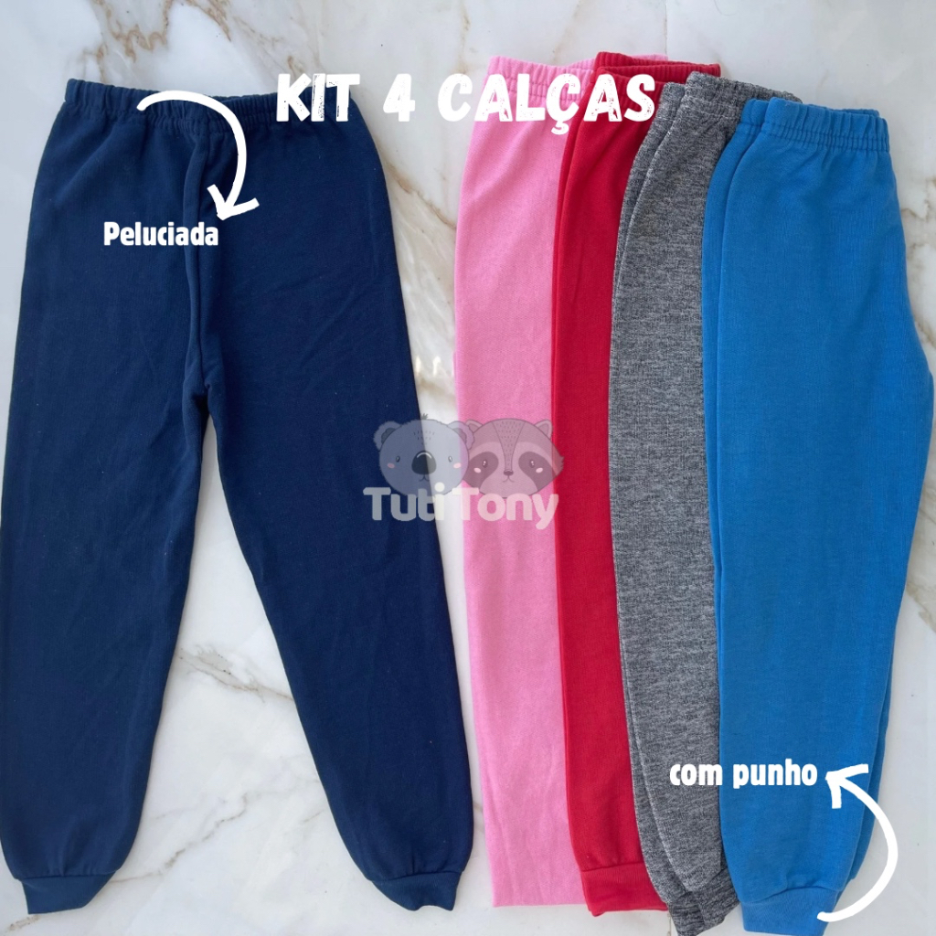 Kit 4 Calça Moletom Infantil E Juvenil Menino E Menina Com Punho Peluciada Flanelada