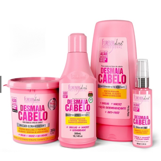 Kit Desmaia Cabelo com 4 Produtos Shampoo 300ml, Condicionador 300g, Máscara 350g e Sérum 60ml