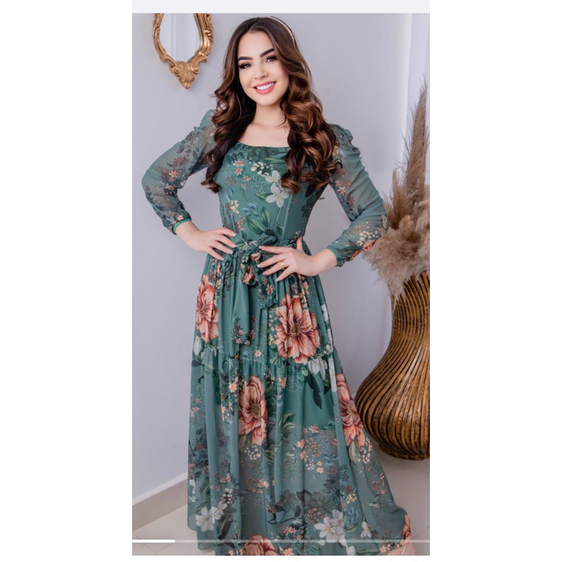 Vestido Longo Feminino Tule Floral Moda Evangélica Luxo Com Forro Manga Longa Festa/Culto/casamento
