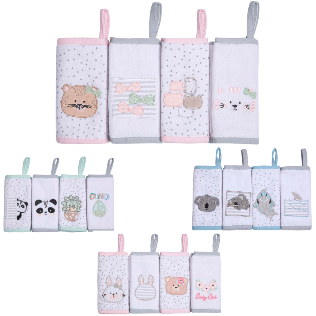 PANINHO DE BOCA SOFT PAPI FRIENDS FORRO EM MALHA C/ PRENDEDOR KIT C/4 UN BORDADO P/BEBE LUXO MACIO