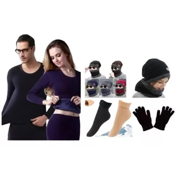 Roupa Peluciada Conjunto Térmico Blusa+calça+meia+luva+cachecol+gorro touca frio neve flanelado peluciado feminino ou masculino camisa longa inverno pijama longo comprido confortavel elasticidade warm upo oba sara ski snow