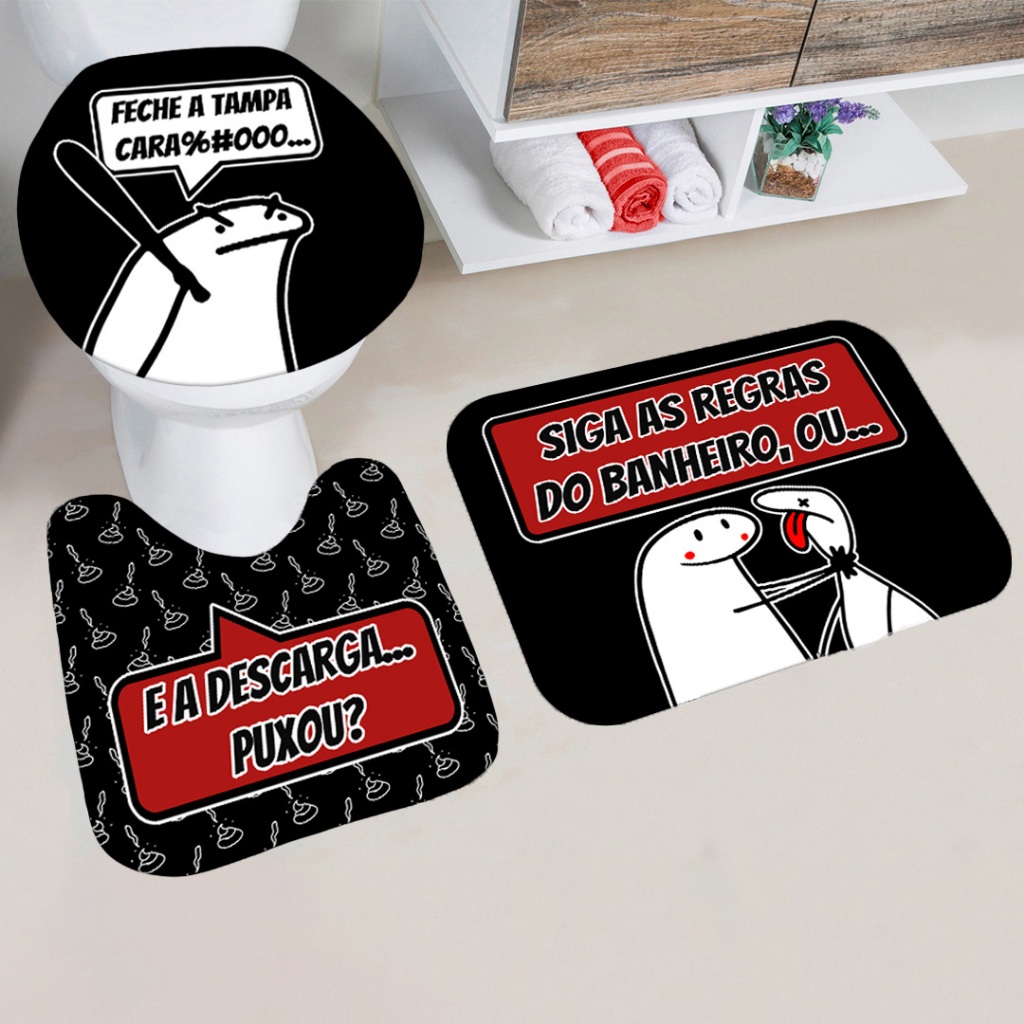 kit jogo Tapetes Banheiro Estampa Divertida Regras do Banheiro Antiderrapante 3 peças