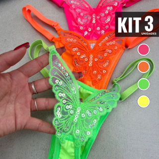 Calcinha Borboleta Neon | KIT 3 | Fio Dental Sexy Lingerie Tanga Feminina Sensual com Regulagem em Oferta na Shopee