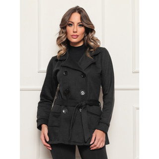 Casaco 2281 longo com bolso sobretudo fita de amarrar e botoes detalhe de barrinhas femini...