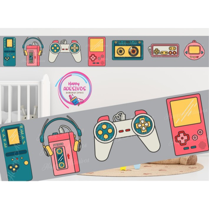 Faixa Adesiva Game Menino Infantil Adesivo Parede Arcade Retro Discman Tamagotchi Controle Video