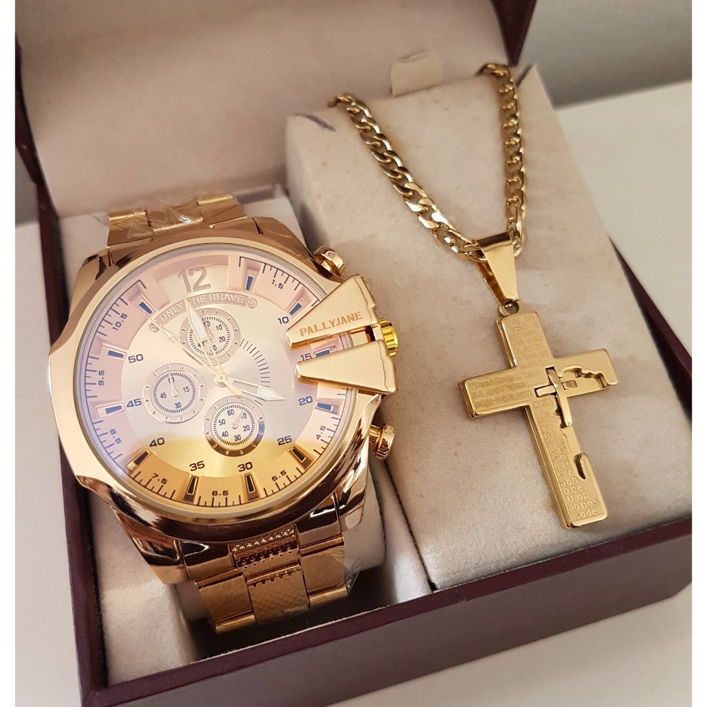 KIT RELÓGIO MASCULINO PROVA D ÁGUA + CORRENTE MASCULINA DE CRUZ BANHADO A OURO 18K AÇO INOXIDAVEL em Oferta na Shopee