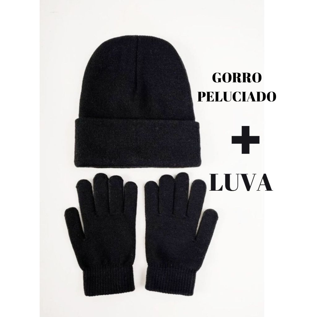Kit Gorro + Luva peluciada e luva de lã Preto basico Unissex toca feminina touca masculina