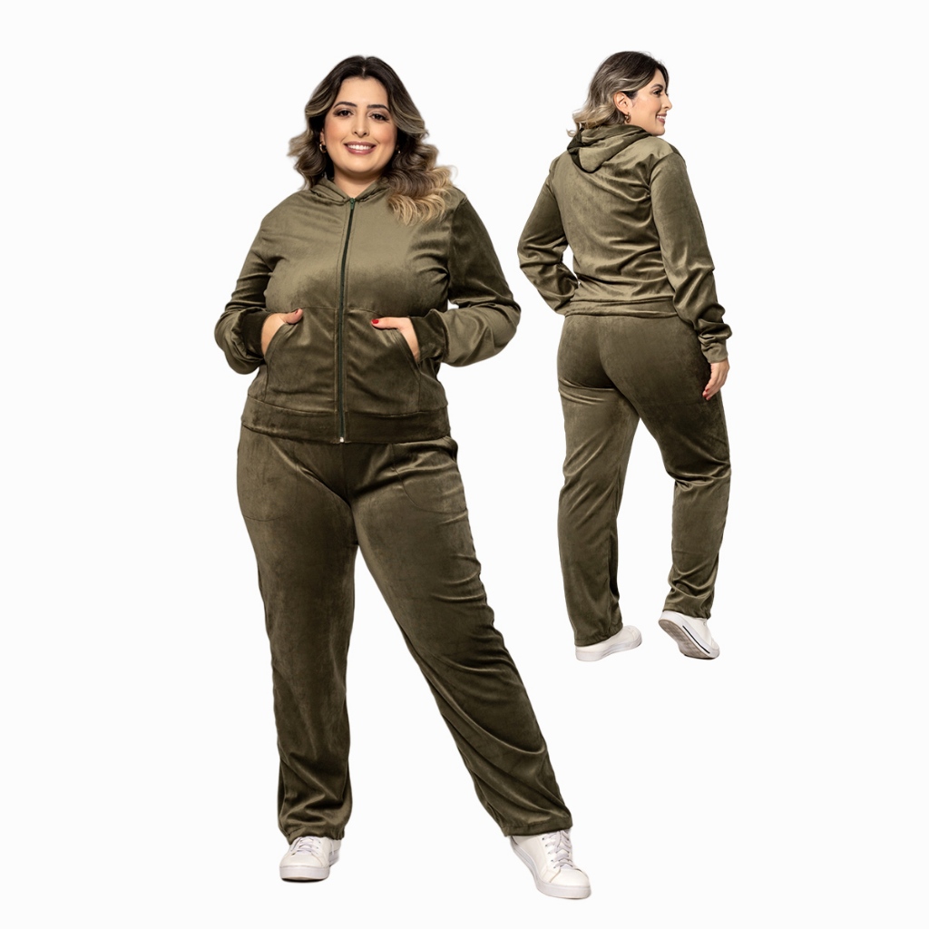 HBD 001PL# Conjunto Feminino Tamanho Plus Tecido Veludo Plush com Capuz e Zíper TR- CON-001PL em Oferta na Shopee