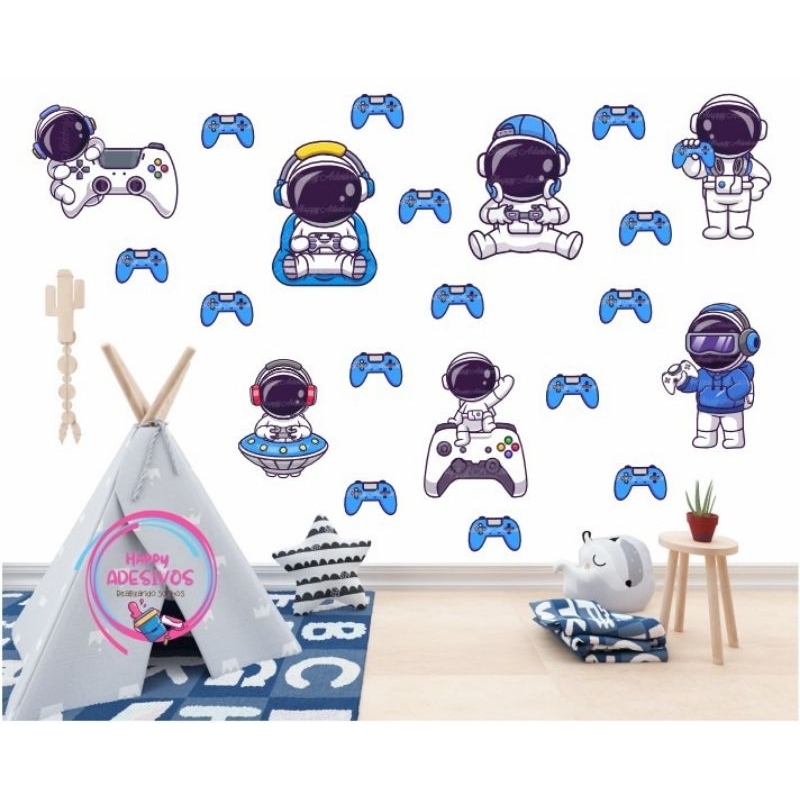 Kit 22 Adesivos Decorativos Recortados Colante Gamer Decoração Vídeo Game Console Arcade Geek Adesivo Jogo De Vídeo Game Astronauta Controle Playstation Parede Quarto De Menino