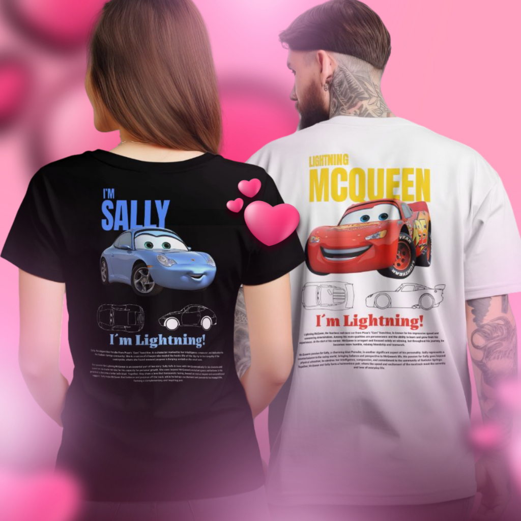 KIT CASAL Camisetas Relâmpago Mcqueen e Sally Oversized Streetwear Unissex branca e preta 30.1 Premium