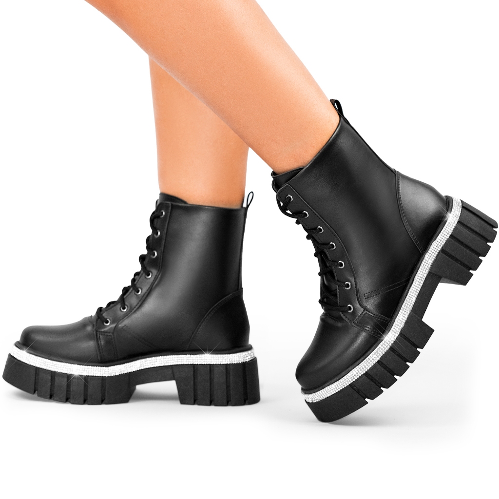 Coturno Feminino Lumiss Tratorado Plataforma Strass Brilho Cristal Cano Curto Flatform Blogueira Confortável Fashion