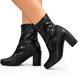 Bota Feminina Lumiss Cano Médio Stretch Salto Alto Grosso Bota Bico Quadrado Confortável Macio Fashion Blogueira em Oferta na Shopee