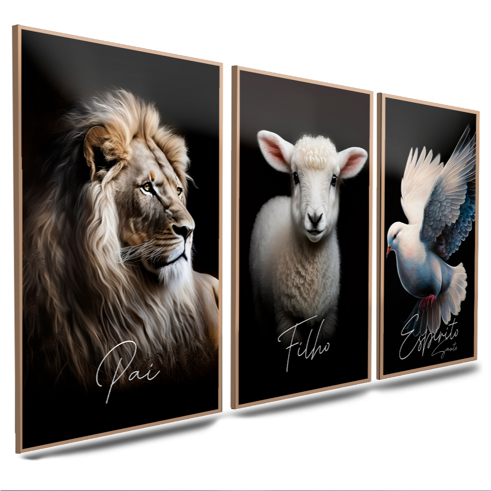 Kit quadros decorativos religioso 3 peças Pai Filho e Espirito Santo para igrejas decoração (ORAÇÃO BRANCO) em Oferta na Shopee