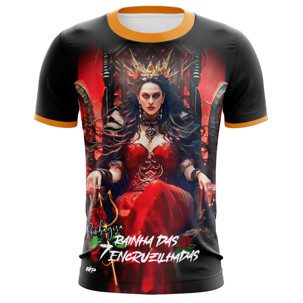 Camiseta religiosa Rainha Sete Encruzilhada Pomba Gira RP Styllus manga curta 100% poliéster Dry Fit