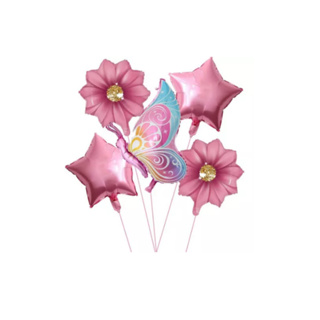 Kit c/ 5 Balão Metalizado Borboleta + Flor Girassol Rosa + Estrela Rosa - Festa Jardim Decoração Enfeites em Oferta na Shopee