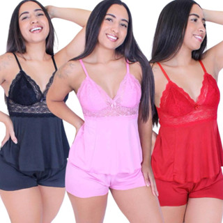 Pijama Baby Doll Sexy Short Doll Feminino Com Detalhes Em Renda Roupa De Dormir Linha Noit...
