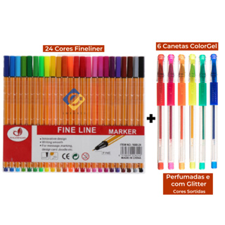 Kit Canetas Coloridas Ponta Fina 24 Cores + 6 Canetas Coloridas Gel com Glitter Perfumadas em Oferta na Shopee