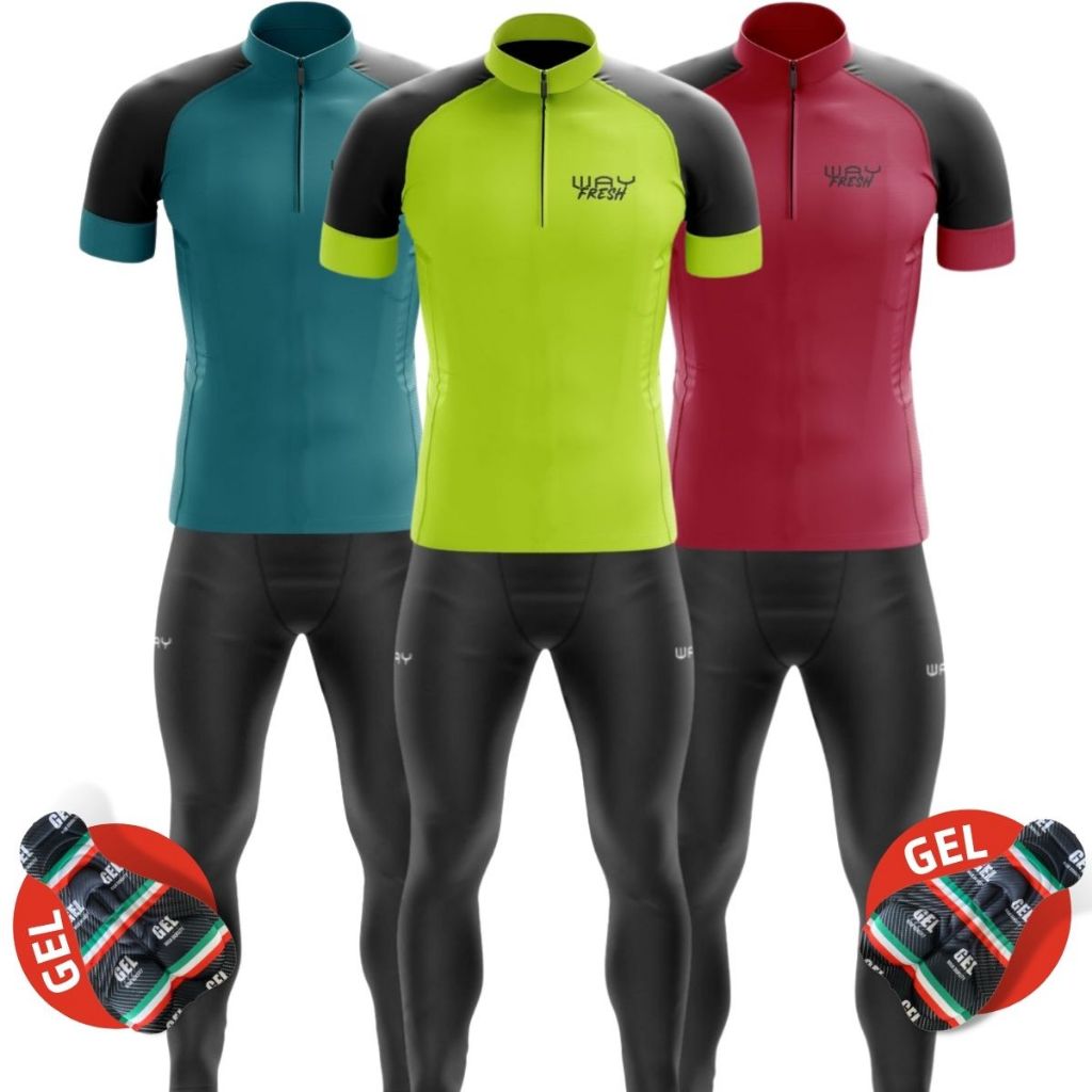 Kit Conjunto Ciclismo Calça Gel Masculina Camisa Camiseta Manga Curta Proteção Uv