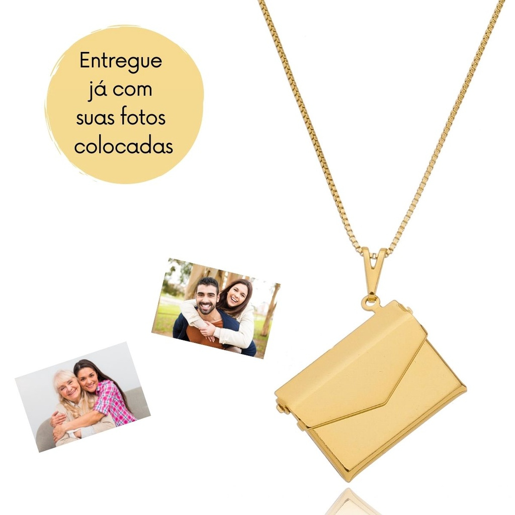 Colar Relicário envelope com fotos Veneziana Semijoia Banhado a Ouro 18k