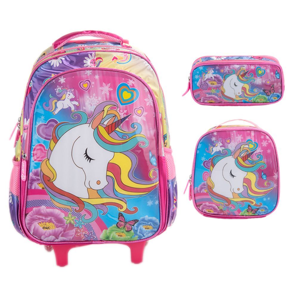 Mochila Infantil Kit Escolar Mochila + Lancheira  Térmica + Estojo Duplo Mochila de Carrinho Menina